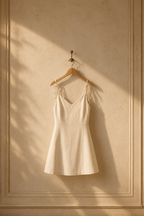 Natural linen a-line mini dress, hanging on wooden hanger against plaster wall