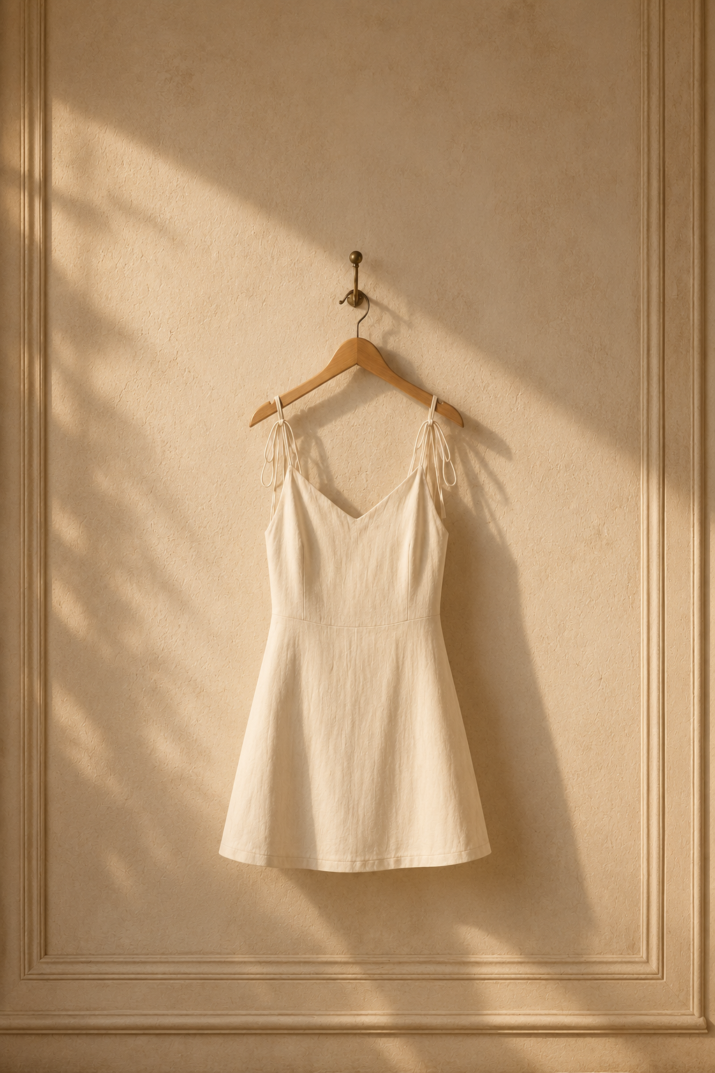 Natural linen a-line mini dress, hanging on wooden hanger against plaster wall