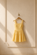 Natural linen fit-and-flare mini dress, hanging on wooden hanger against plaster wall
