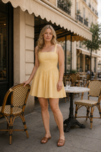 Natural linen fit-and-flare mini dress, front view, square neckline and fitted bodice