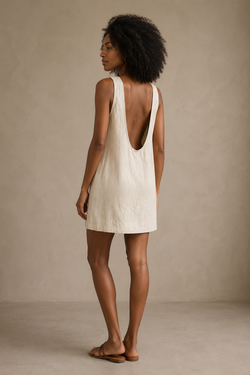 Natural linen shift mini dress, back view, open back detail