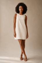 Natural linen shift mini dress, full front view, straight shift silhouette