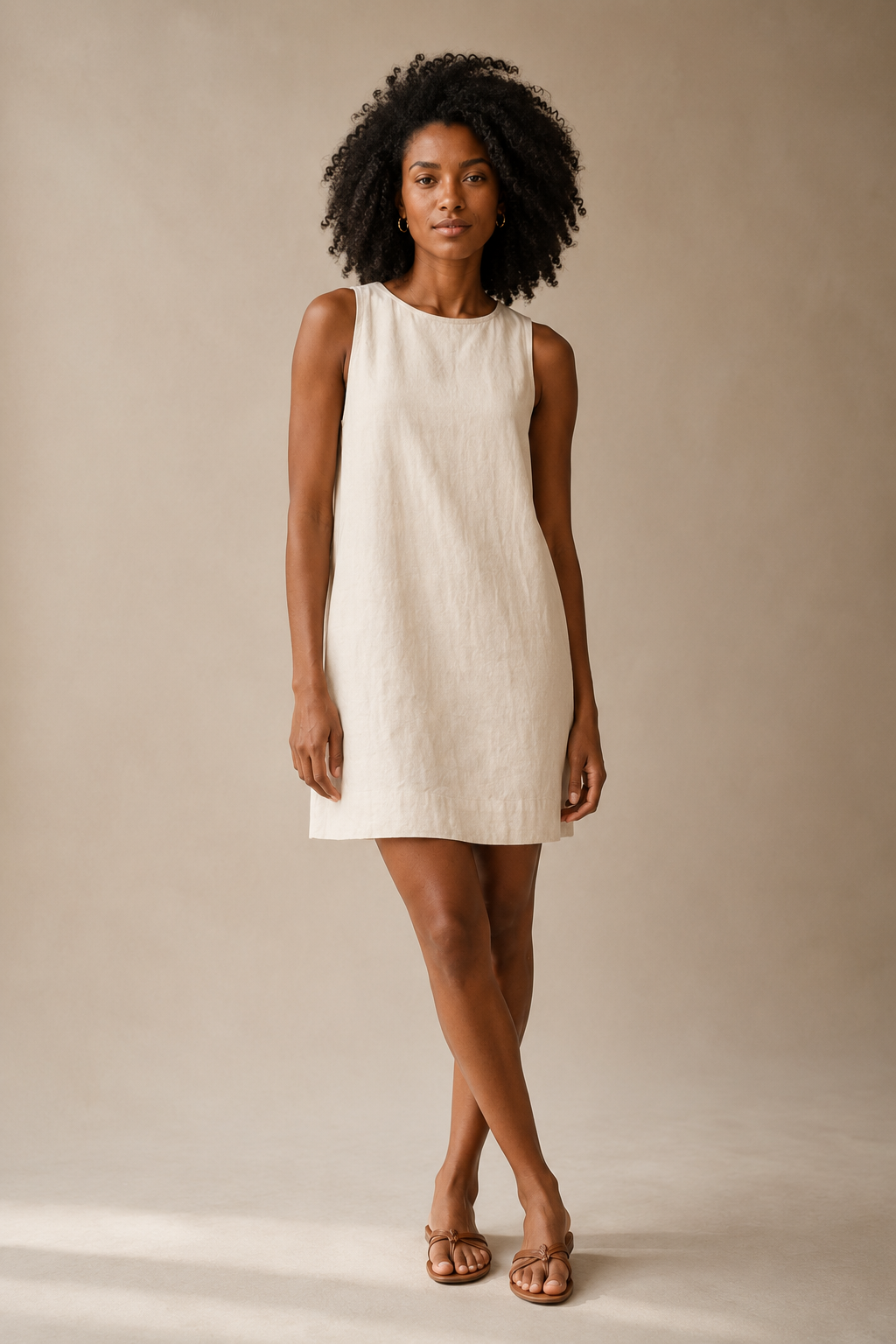 Natural linen shift mini dress, full front view, straight shift silhouette