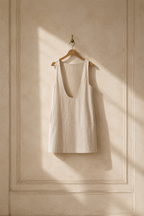Natural linen shift mini dress, hanging on wooden hanger against plaster wall