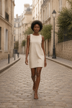 Natural linen shift mini dress, front view, high crew neckline and clean lines