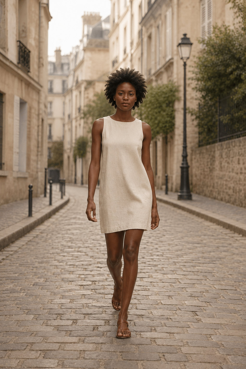 Natural linen shift mini dress, front view, high crew neckline and clean lines