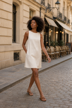 Natural linen shift mini dress, lifestyle, city walk in evening light