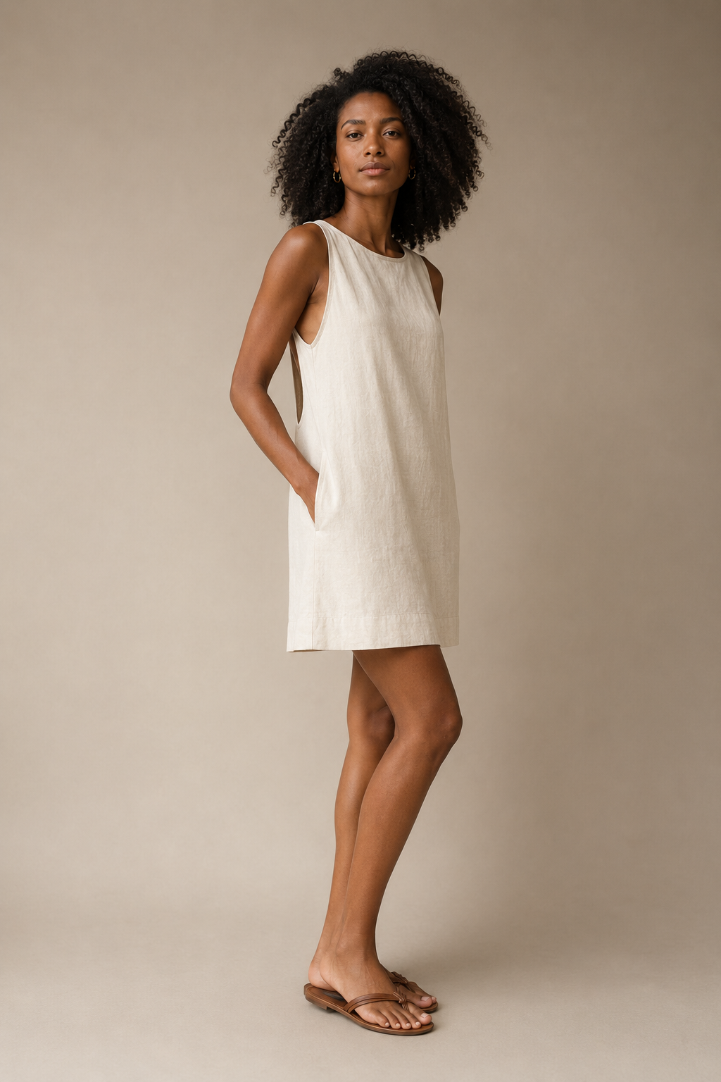 Natural linen shift mini dress, three-quarter view, side line and fabric texture