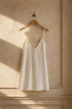 Ivory linen slip mini dress, hanging on wooden hanger against plaster wall