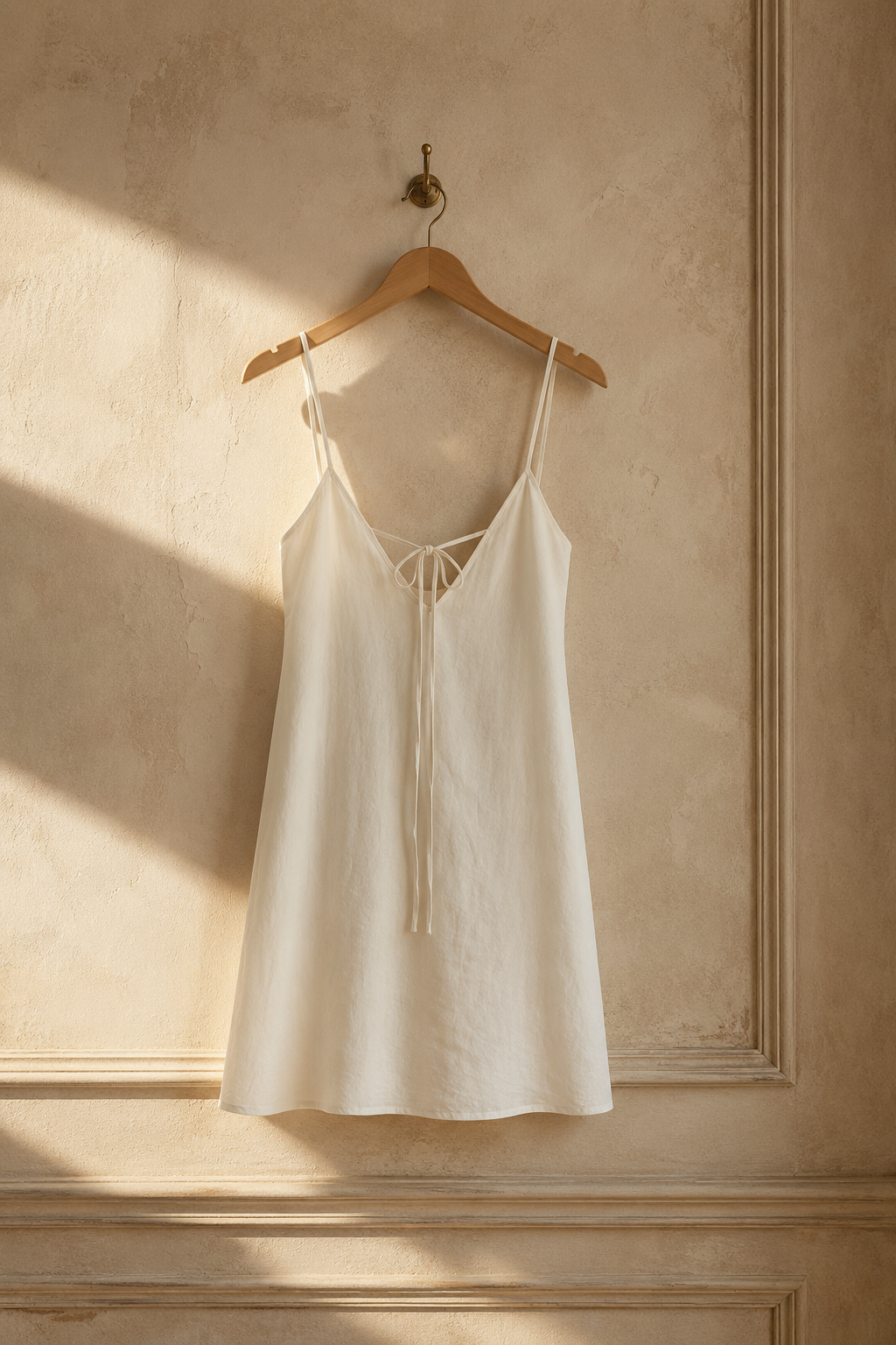 Ivory linen slip mini dress, hanging on wooden hanger against plaster wall