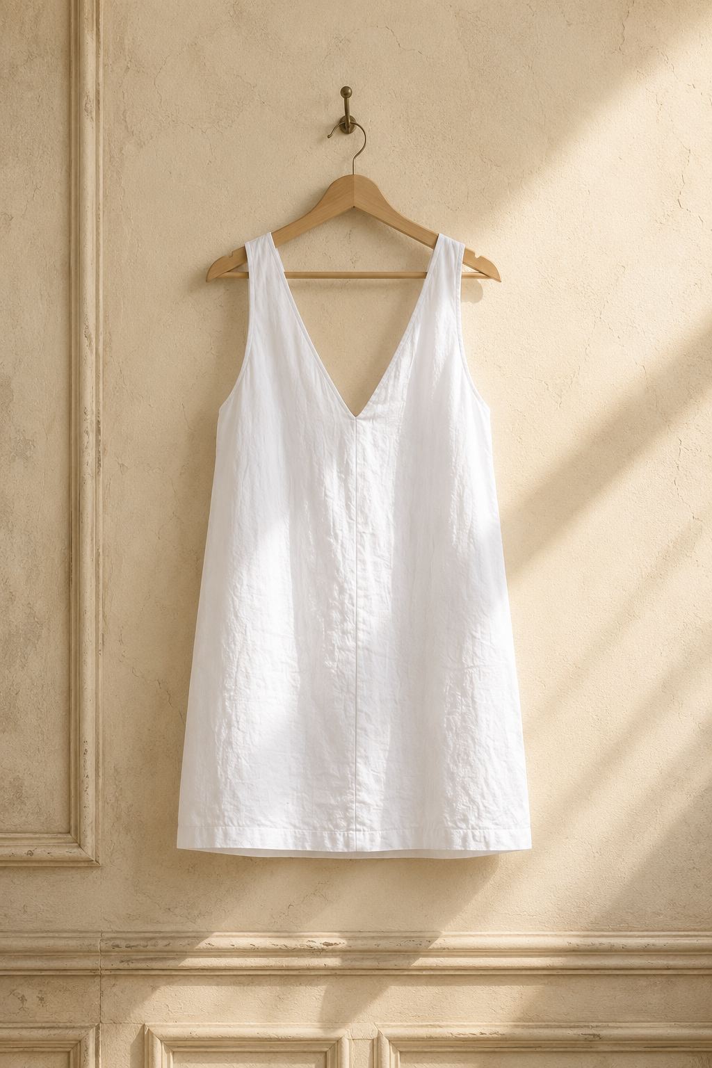 White linen shift mini dress, hanging on wooden hanger against plaster wall