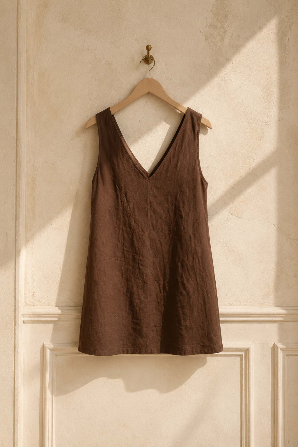 Dark brown linen shift mini dress, hanging on wooden hanger against plaster wall