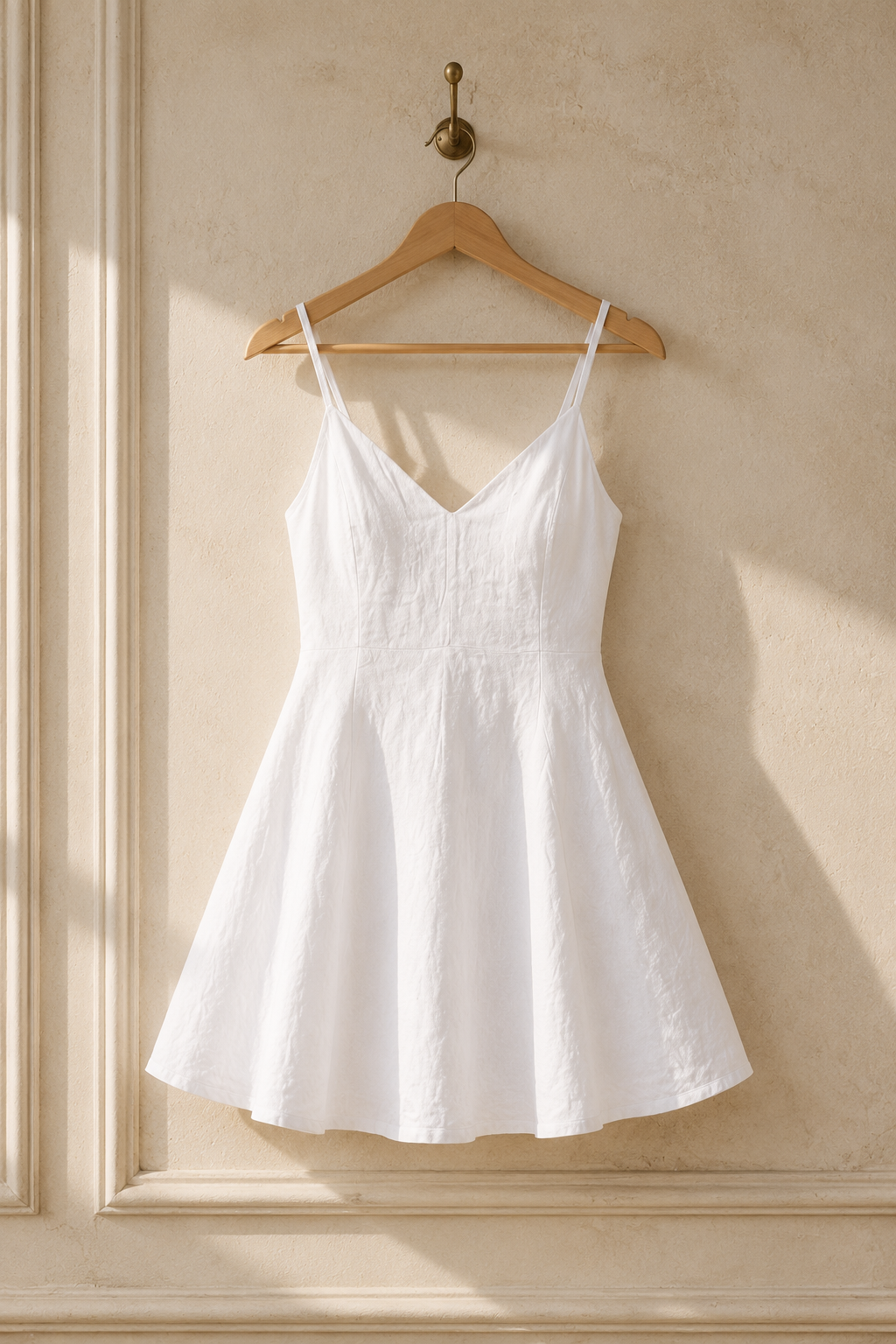 White linen a-line mini dress, hanging on wooden hanger against plaster wall