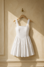 White linen tiered mini dress, hanging on wooden hanger against plaster wall