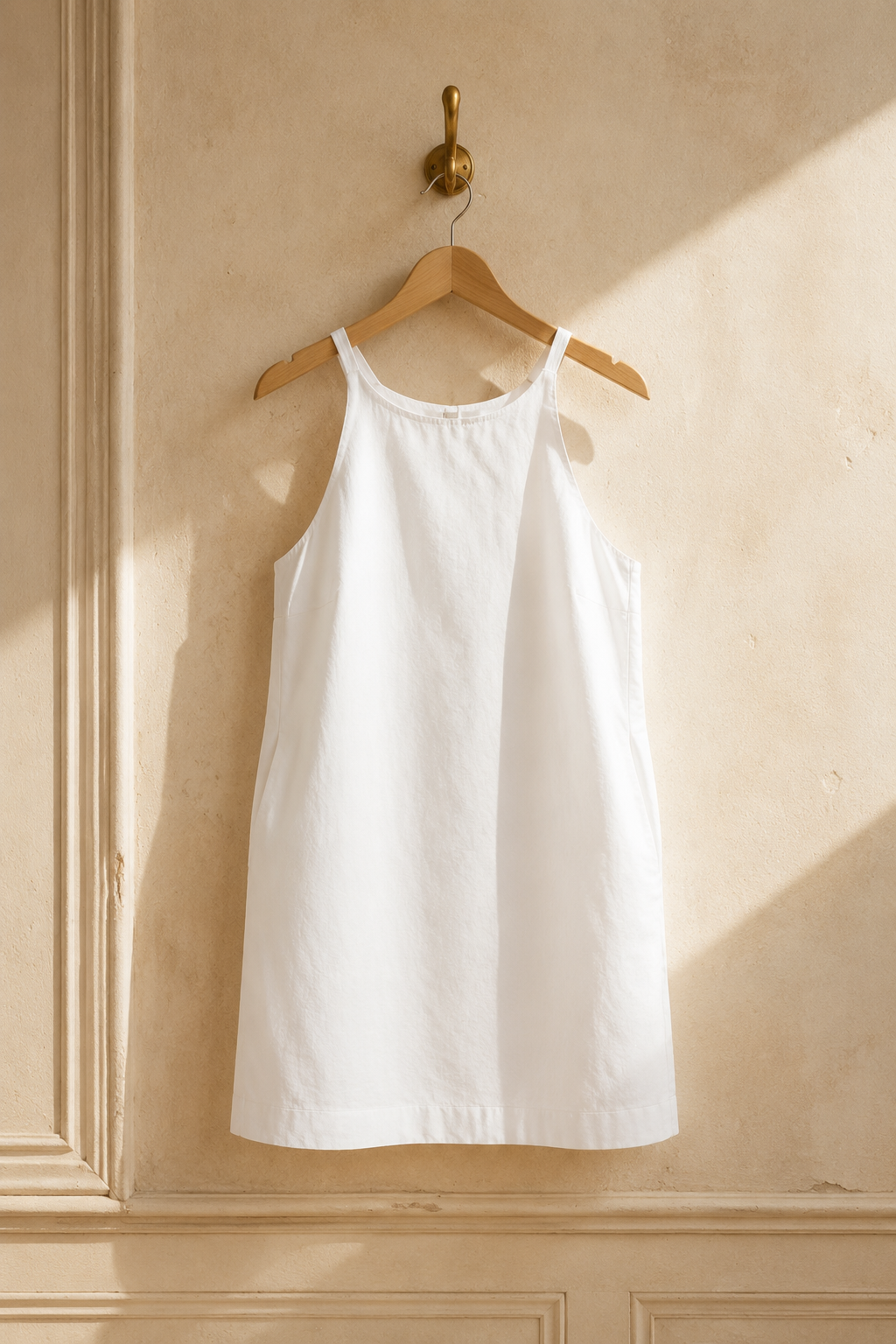 White cotton shift mini dress, hanging on wooden hanger against plaster wall