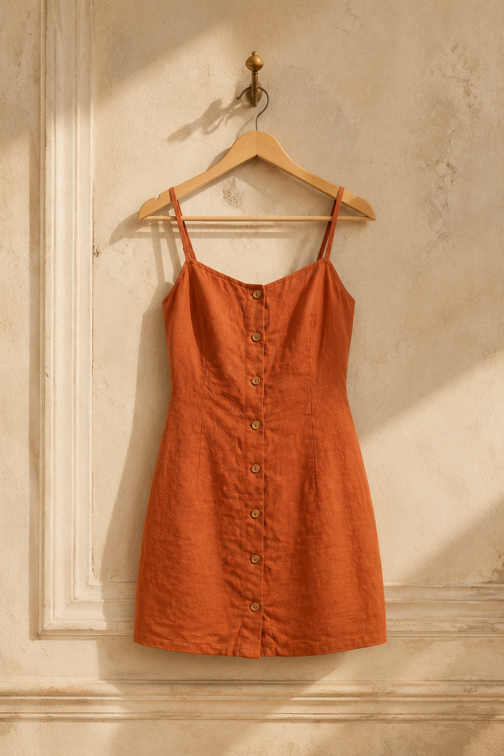 Rust linen a-line mini dress, hanging on wooden hanger against plaster wall