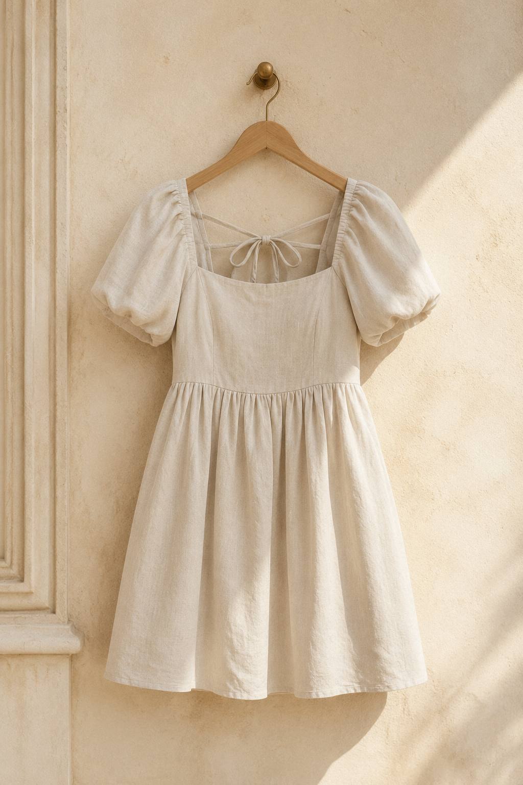 Ivory linen a-line mini dress, hanging on wooden hanger against plaster wall