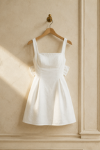 White linen a-line mini dress, hanging on wooden hanger against plaster wall