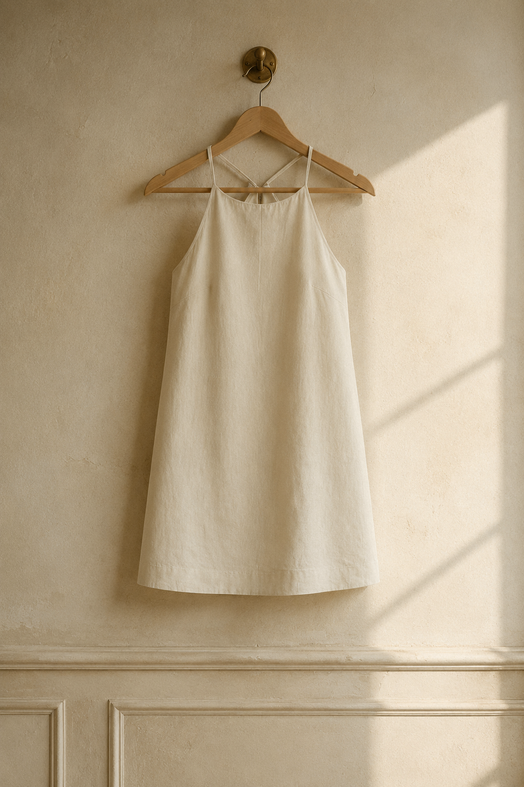 Ivory linen shift mini dress, hanging on wooden hanger against plaster wall