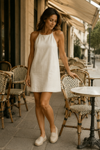 Ivory linen shift mini dress, front view, halter neck, relaxed mini