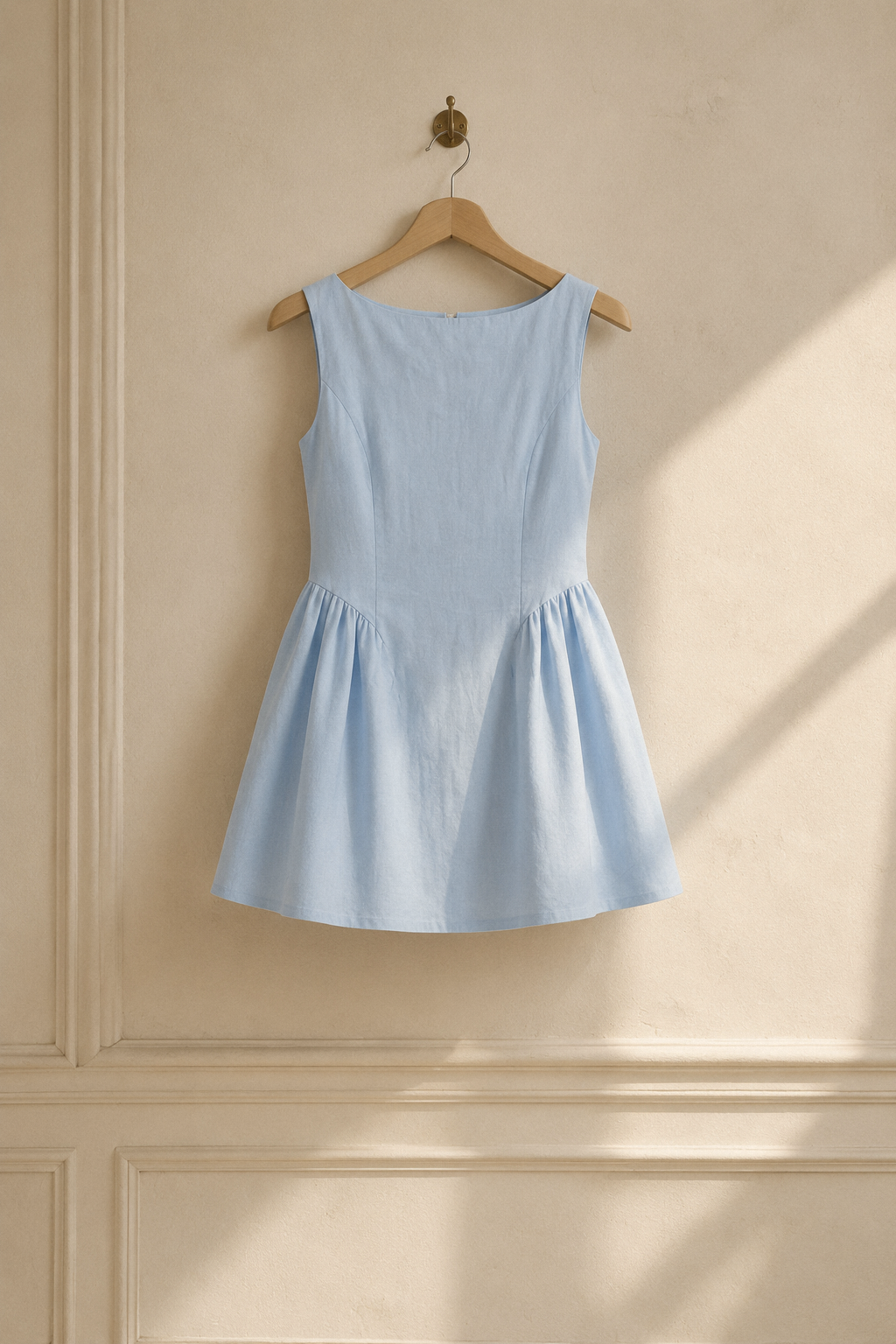 Light blue linen a-line mini dress, hanging on wooden hanger against plaster wall