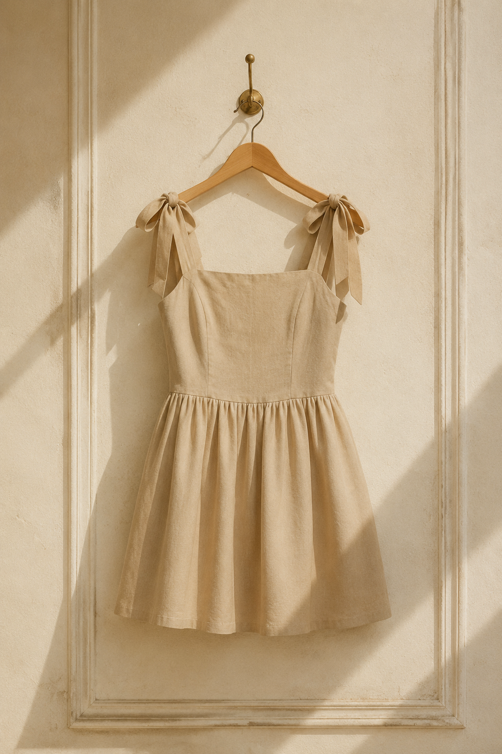 Beige linen a-line mini dress, hanging on wooden hanger against plaster wall