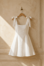 White linen a-line mini dress, hanging on wooden hanger against plaster wall