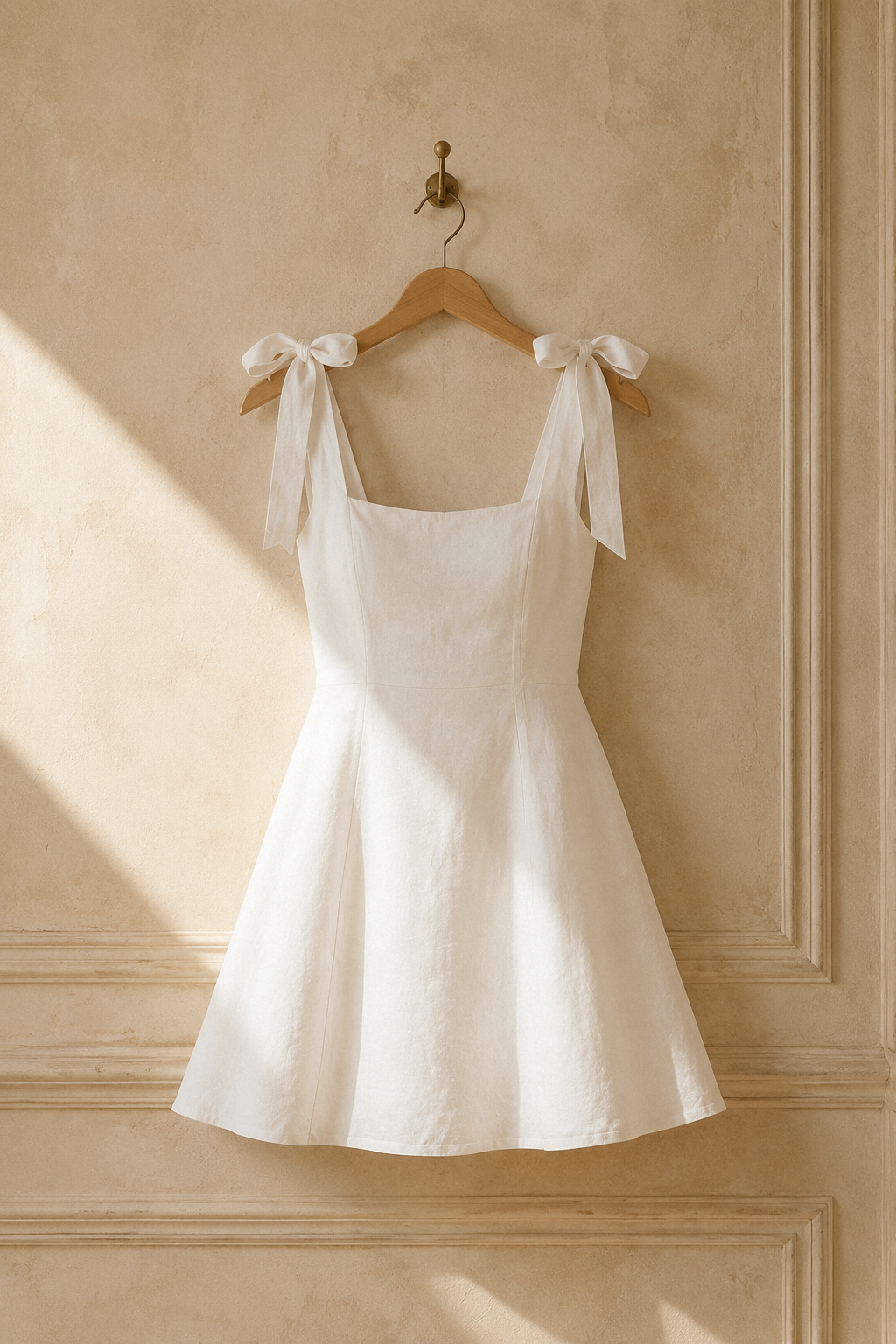 White linen a-line mini dress, hanging on wooden hanger against plaster wall