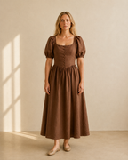 Cocoa brown linen fit-and-flare maxi dress, straight-on front view for fit reference