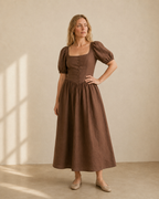 Cocoa brown linen fit-and-flare maxi dress, front view on model, square neckline and covered button placket