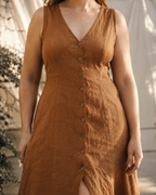 Cinnamon brown linen a-line midi dress, close-up of the button placket