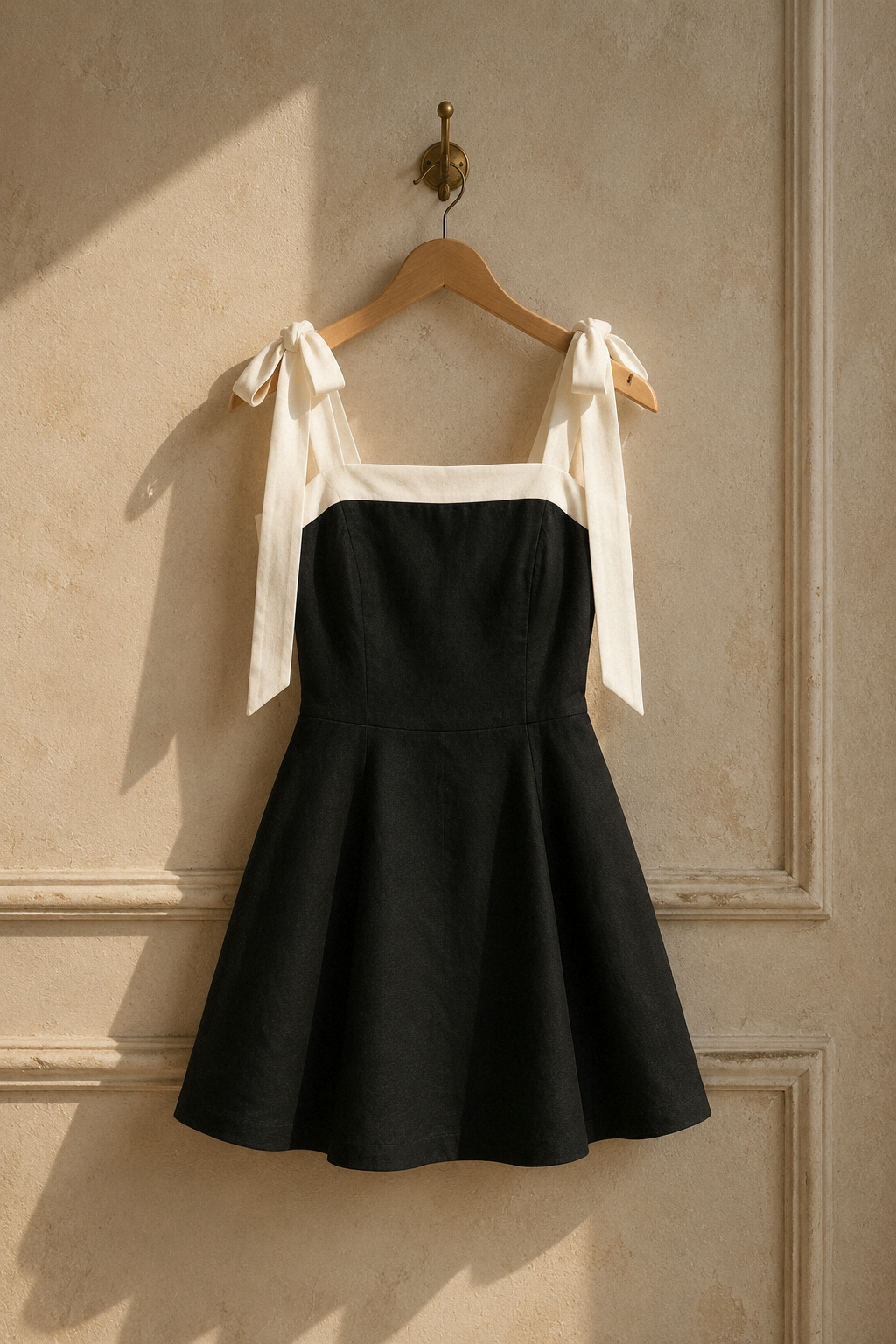 Black linen a-line mini dress, hanging on wooden hanger against plaster wall