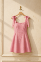 Pink linen a-line mini dress, hanging on wooden hanger against plaster wall