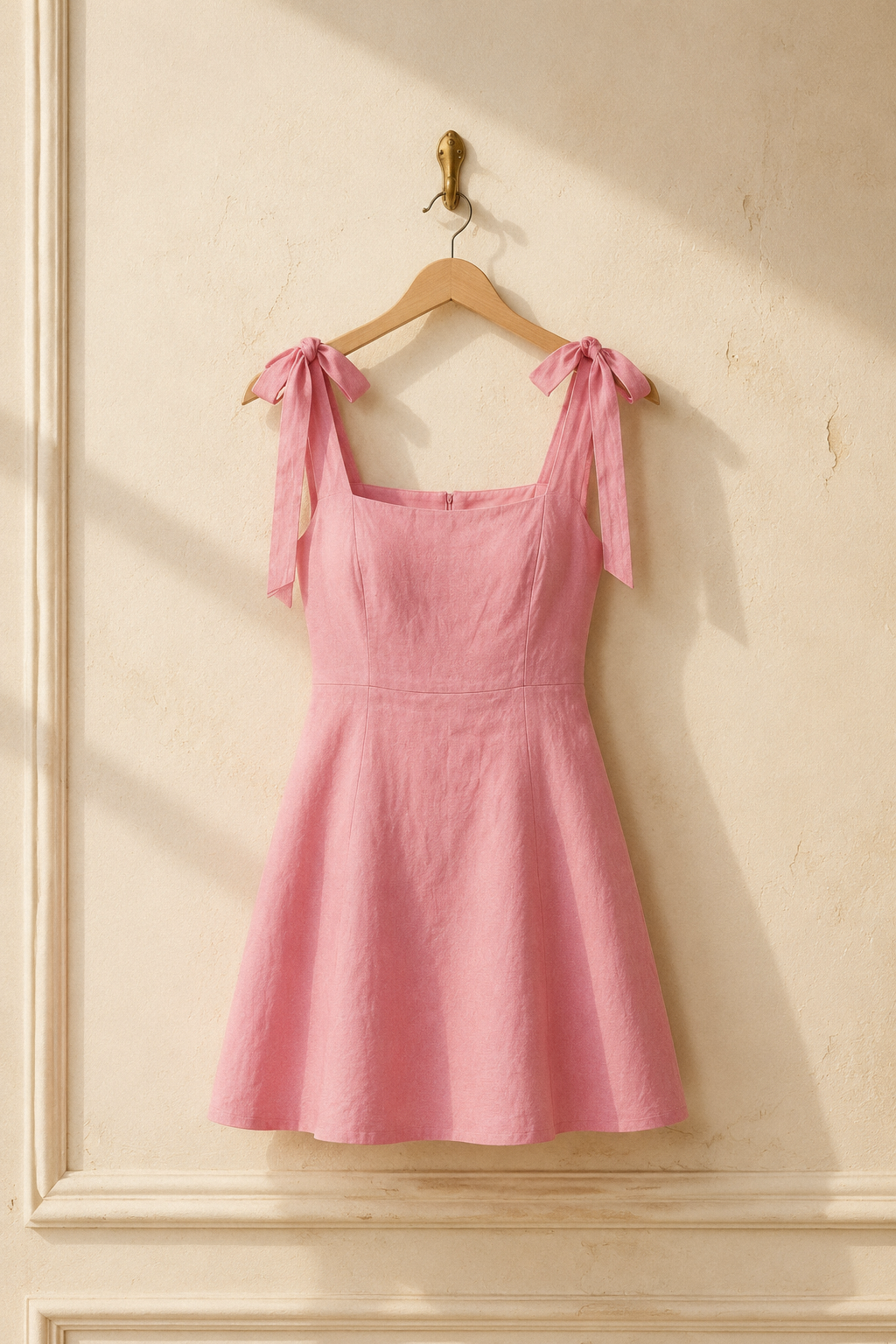 Pink linen a-line mini dress, hanging on wooden hanger against plaster wall