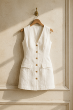 Ivory linen shift mini dress, hanging on wooden hanger against plaster wall