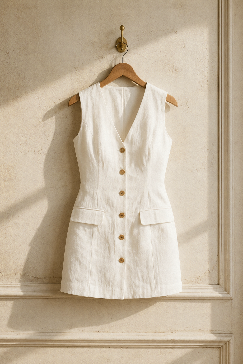 Ivory linen shift mini dress, hanging on wooden hanger against plaster wall