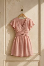 Pink linen wrap mini dress, hanging on wooden hanger against plaster wall