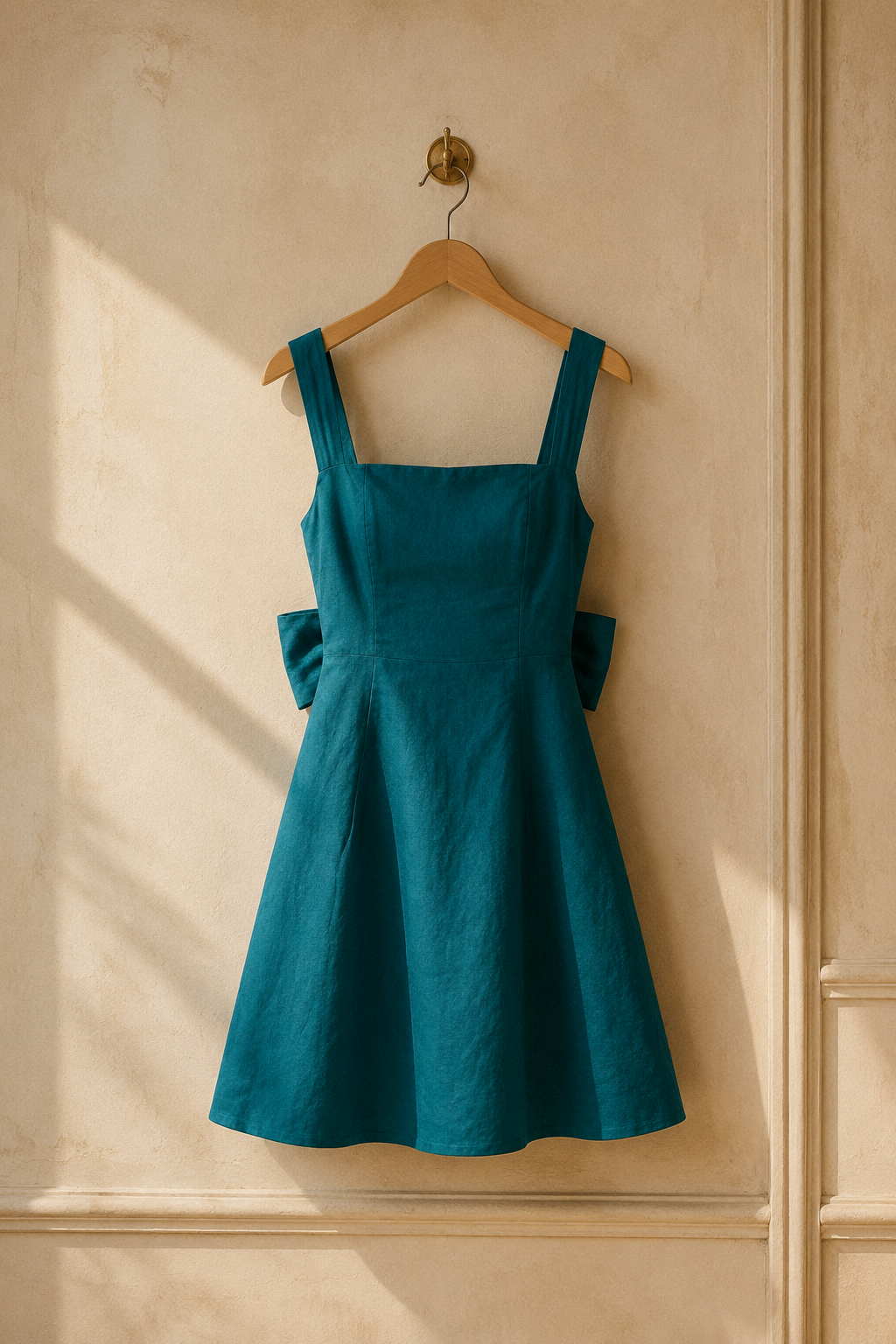 Teal linen a-line mini dress, hanging on wooden hanger against plaster wall