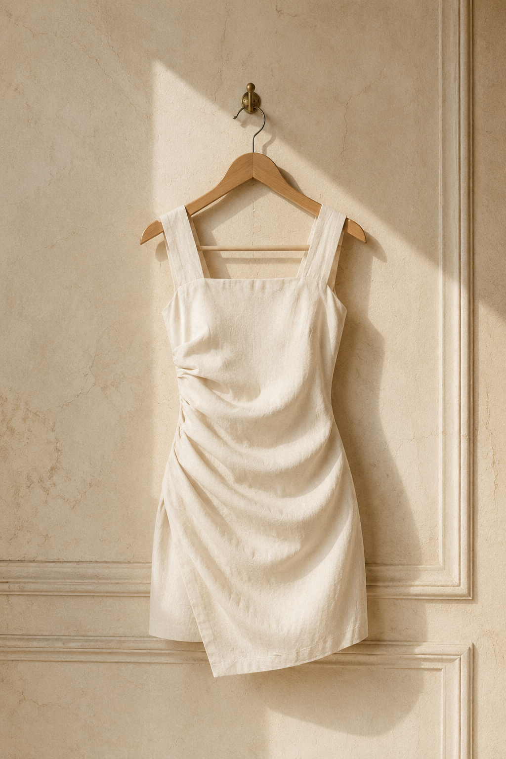 Ivory linen draped mini dress, hanging on wooden hanger against plaster wall