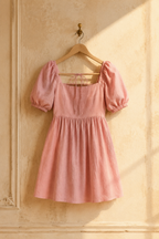 Pink linen a-line mini dress, hanging on wooden hanger against plaster wall