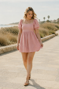 Pink linen a-line mini dress, front view, square neckline, puff sleeves, a-line mini