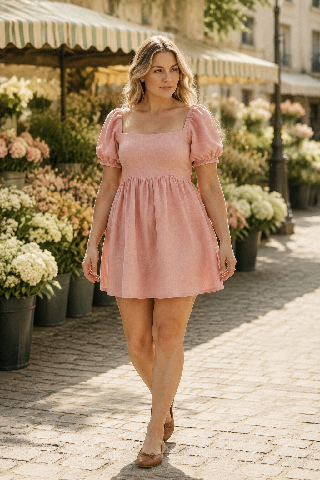 Pink linen a-line mini dress, lifestyle, sunny courtyard, architectural backdrop