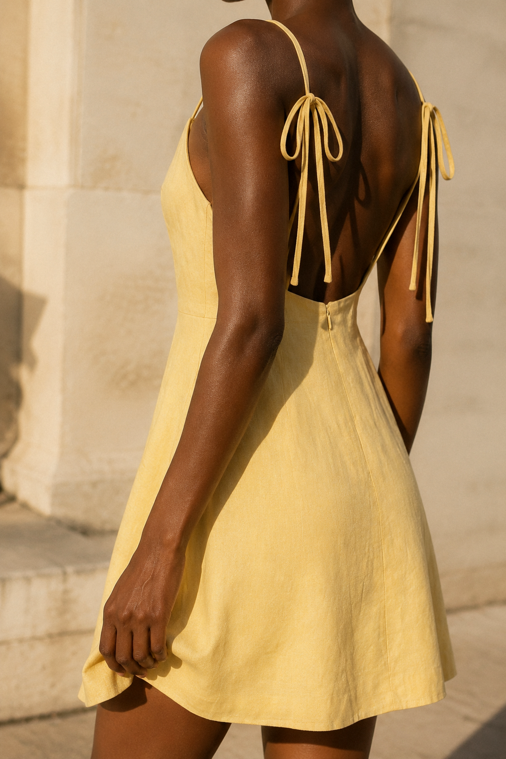 Butter yellow linen a-line mini dress, fabric detail, flax weave in raking light