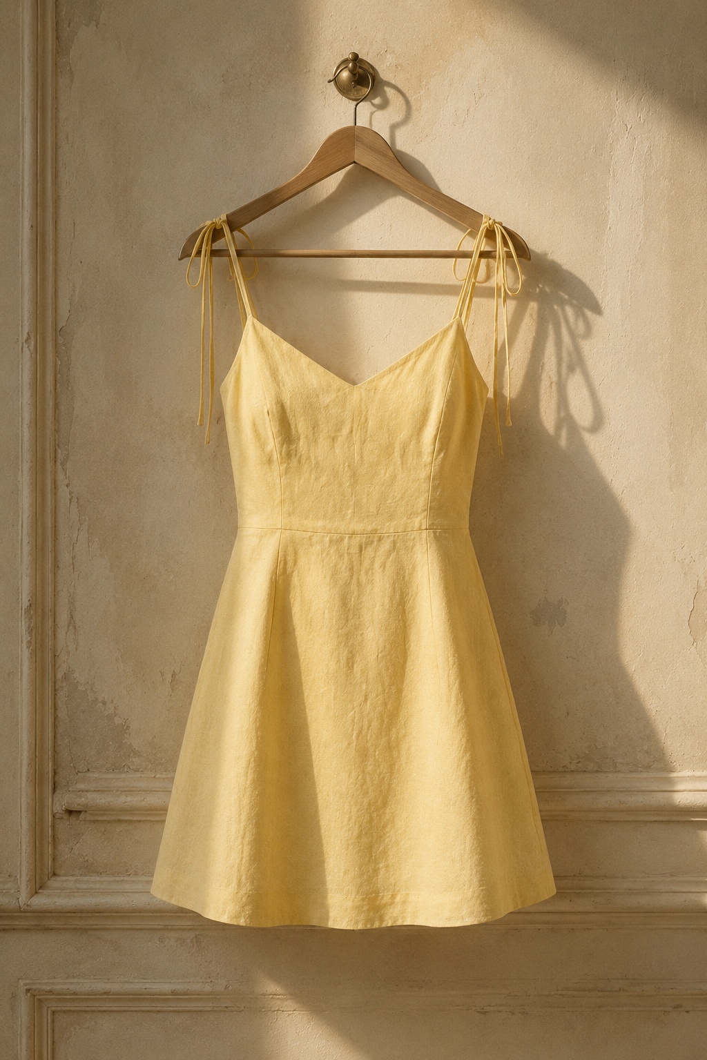 Butter yellow linen a-line mini dress, hanging on wooden hanger against plaster wall