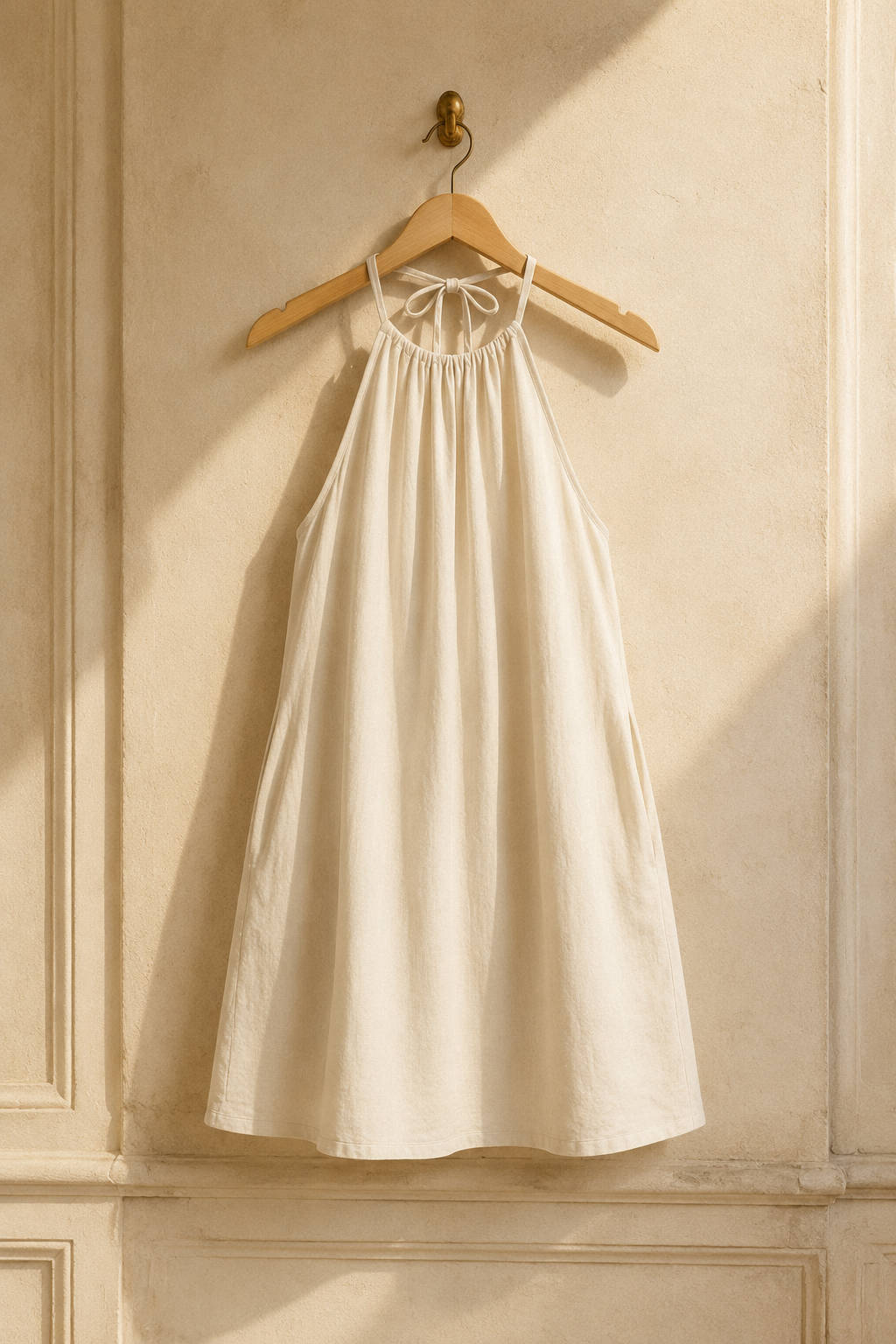 Ivory linen shift mini dress, hanging on wooden hanger against plaster wall