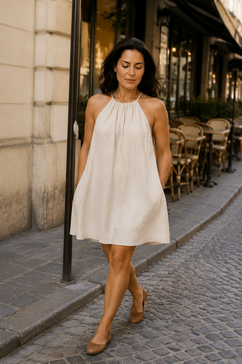 Ivory linen shift mini dress, lifestyle, sunny afternoon stroll