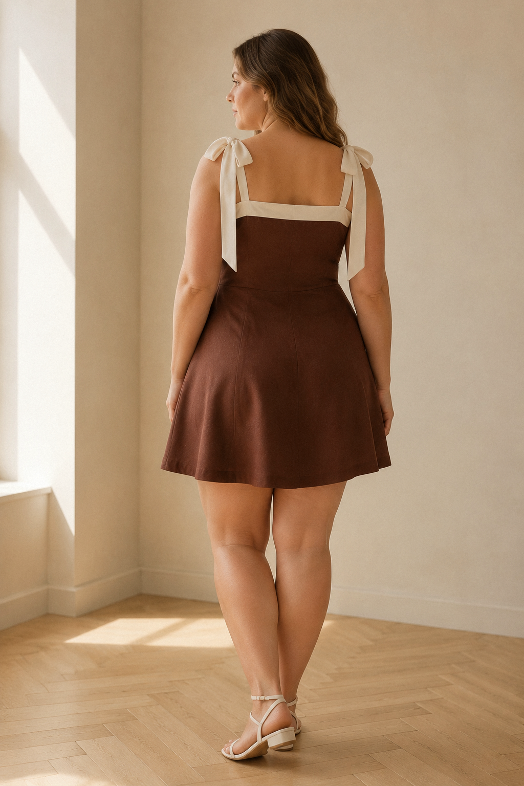 Brown linen a-line mini dress, back view, smooth back and defined waist