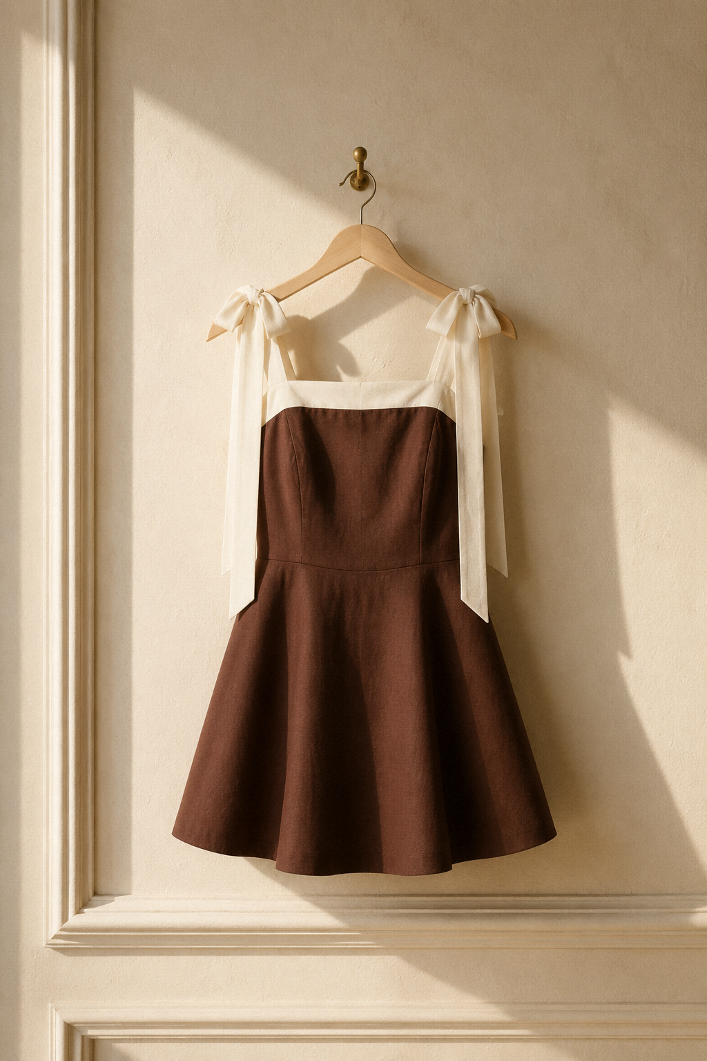 Brown linen a-line mini dress, hanging on wooden hanger against plaster wall