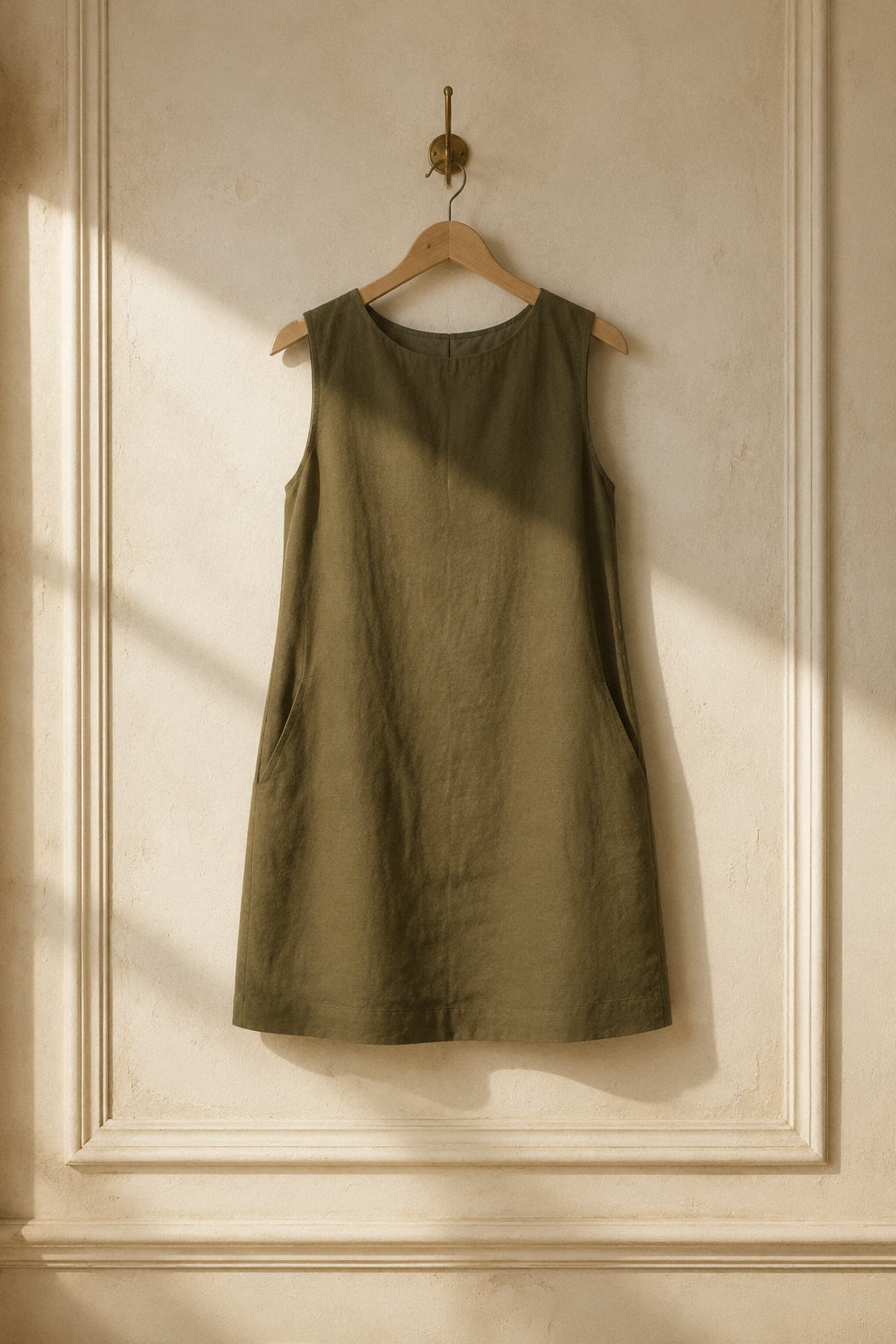 Olive green linen shift mini dress, hanging on wooden hanger against plaster wall