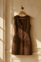 Brown linen straight mini dress, hanging on wooden hanger against plaster wall